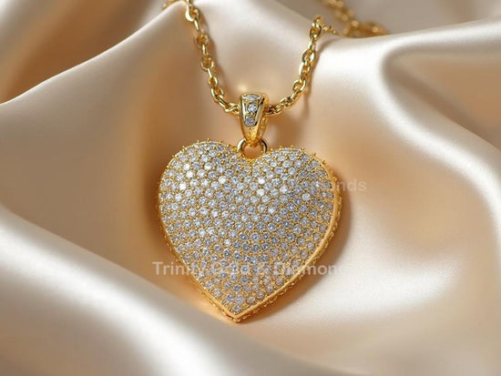 Full Pavé Heart Pendant Necklace • Bold Iced Out Heart Charm for Women • Gold Statement Jewelry • Sparkling puffed Heart • Perfect Gift