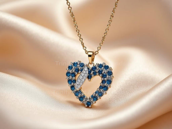 Blue Gemstone Heart Pendant Necklace • Sparkly Love Charm with Gold Finish • Unique Gift for Women • Dainty Romantic Jewelry