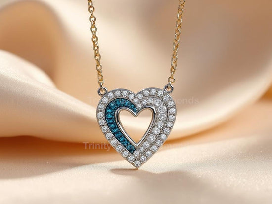 Double Heart Pendant Necklace with Blue & White Stones • Gold-Tone Layered Heart Charm • Romantic Gift for Her • Sparkle Jewelry