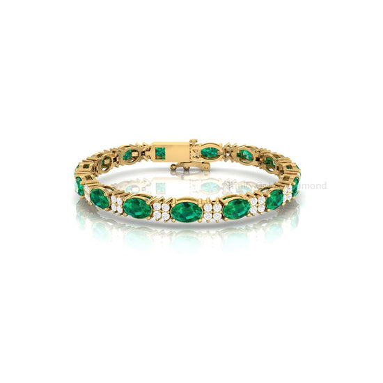 Green Emerald Tennis Bracelet for Women • Oval Gemstone & Diamond Accent Bracelet • Gold Statement Jewelry • Luxury Gift for Her