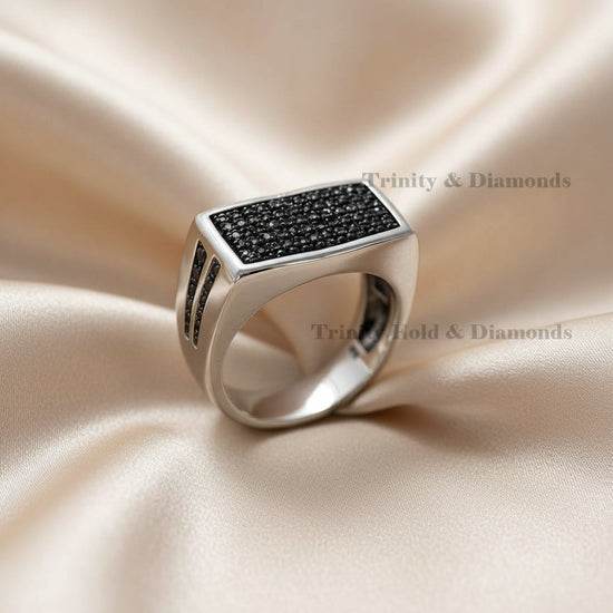 Silver Statement Signet Ring with Side Stone Accents, Urban Hip Hop Jewelry, Gift for Him, Men’s Black CZ Rectangle Ring,