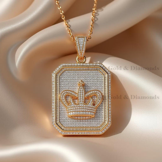 Crown Pendant Necklace for Men, Iced Out Moissanite Rectangle Medallion in Gold Finish, Hip Hop Royal Jewelry, Statement Gift for Him