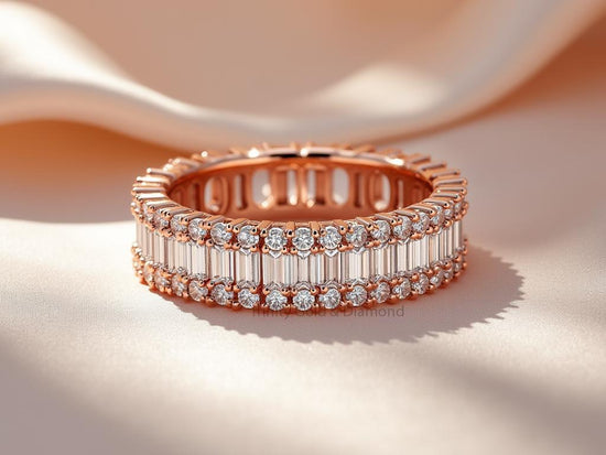 Baguette and Round Diamond Eternity Band • Gold Statement Wedding Ring • Full Eternity Anniversary Band for Her • Moissanite Gift Jewelry