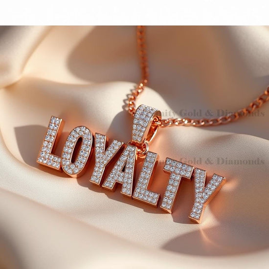 LOYALTY Pendant Necklace, Iced Out Gold Word Chain, Hip Hop Diamond Letter Pendant, Statement Jewelry for Him or Her, 14K Plated