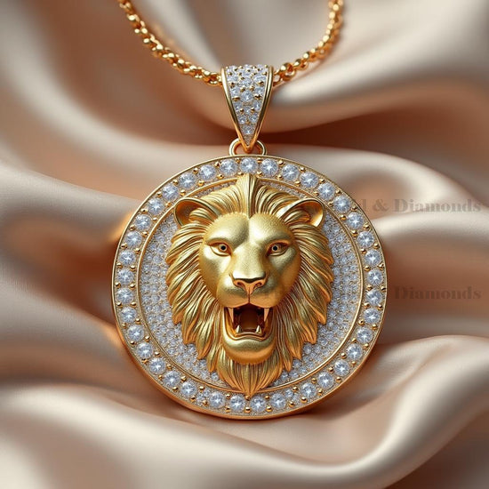 Gold Lion Head Pendant Necklace, Diamond Iced Out Medallion for Men, King of Jungle Bling Jewelry, 14K Gold Plated Hip Hop Chain