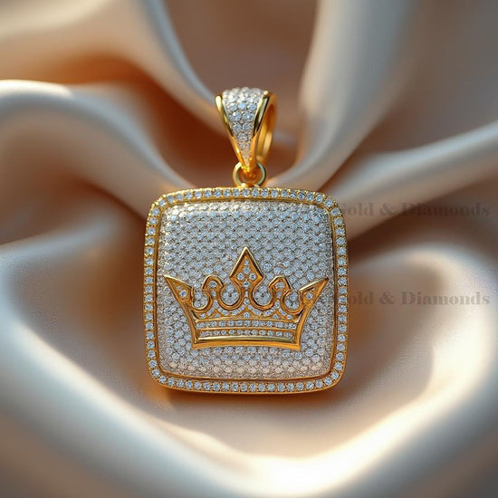 Gold Crown Pendant Necklace, Iced Out Square Medallion, Hip Hop King Jewelry, 14K Gold Plated Chain for Men, Statement Gift