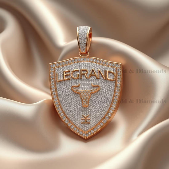 Custom Bull Logo Pendant Necklace, LEGRAND Shield Medallion, 14K Gold Plated Iced Out Hip Hop Jewelry, Statement Chain for Men