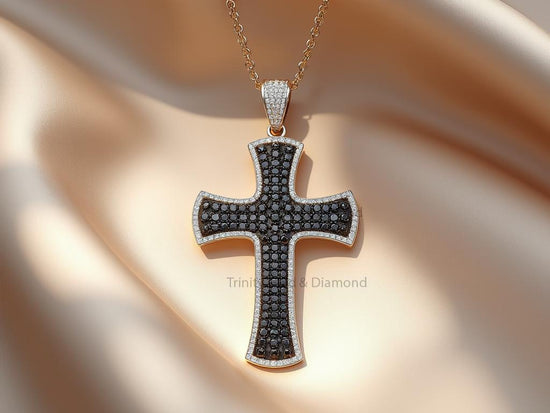 Black Diamond Look Curved Cross Pendant • Gold Finish Men’s Necklace • Handmade Religious Jewelry • Gift of Strength & Faith