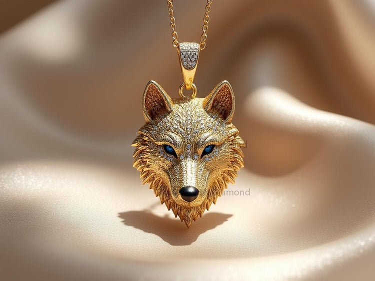Gold Diamond-Studded Wolf Head Pendant Necklace with Blue Eyes on a Silk Background