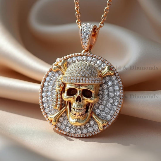 Gold Skull Pendant, Moissanite Pirate Skull Necklace for Men, Iced Out Hip Hop Jewelry, Handmade Statement Pendant, Gift for Him