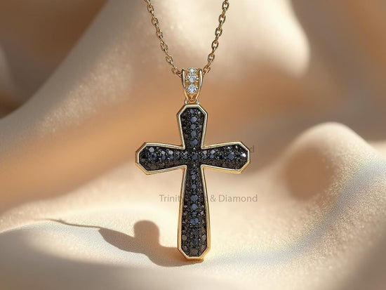 Black Diamond Cross Pendant Necklace • Gold Plated Christian Jewelry • Dainty Black Stone Religious Necklace • Gift for Him or Her