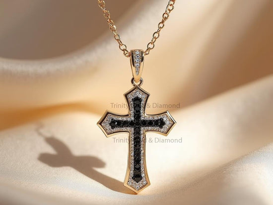 Black Cross Pendant with White Accent Stones • Gold Plated Gothic Cross Necklace • Religious Jewelry for Men & Women • Gift of Faith