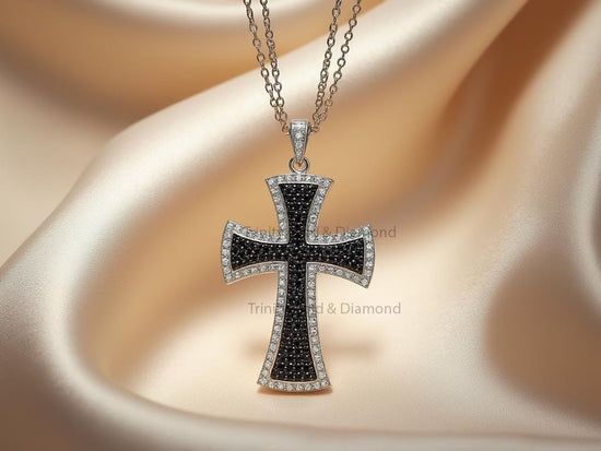 Black Gothic Cross Pendant Necklace • Bold Cross Necklace for Men & Women • White Accent Stones • Religious Gift Jewelry • Unisex Style