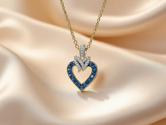 lue and White Stone Heart Pendant Necklace • Dainty Gold Plated Romantic Gift for Her • Elegant Two-Tone Heart Charm • Women’s Jewelry