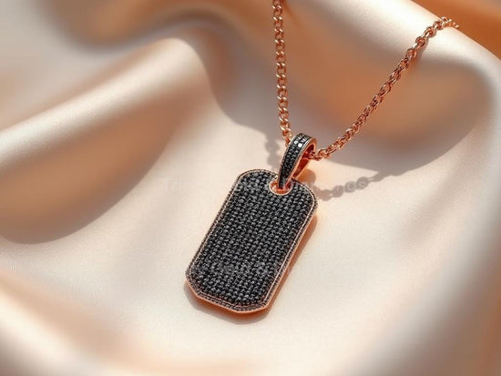 Men’s Black Pavé Dog Tag Necklace, 18K Rose Gold Plated Tag Pendant, Rounded Hip Hop Necklace, Iced Out Statement Jewelry for Him