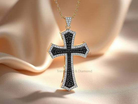 Black & White Diamond Cross Pendant • Gold Pavé Cross Necklace • Gothic Religious Jewelry • Faith Symbol Gift for Men or Women