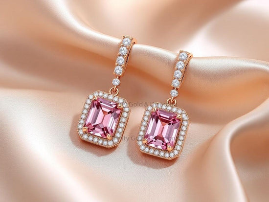 Pink Emerald Cut Drop Earrings • Long Dangle Gold Earrings with Diamond Halo • Bridal Statement Jewelry • Gift for Her • Elegant Earrings