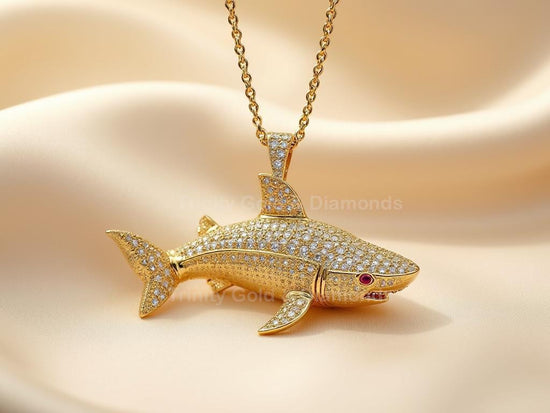 Full Body Shark Pendant Necklace • Pavé Diamond Gold Shark Jewelry • Ruby Eye Ocean Charm • Marine Life Gift • Handmade Nautical Necklace