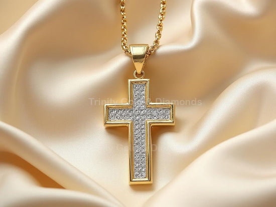 Gold Cross Pendant Necklace • Pavé Diamond Religious Charm for Men & Women • Faith Symbol Jewelry • Handmade Christian Gift