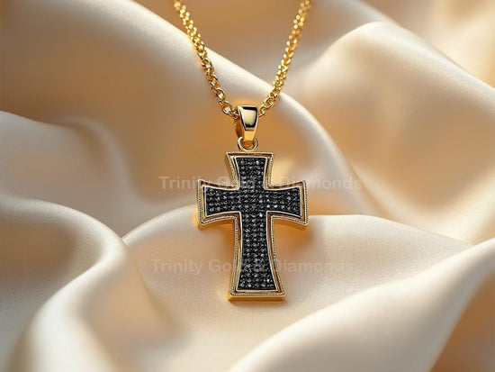 Black Cross Pendant Necklace • Flared Gold Frame with Black Pavé Stones • Gothic Christian Jewelry • Handmade Faith Gift for Him or Her
