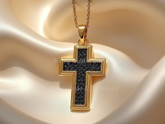 Gold Black Cross Pendant • Glossy Frame with Black Pavé • Handmade Christian Necklace • Religious Jewelry Gift for Men & Women