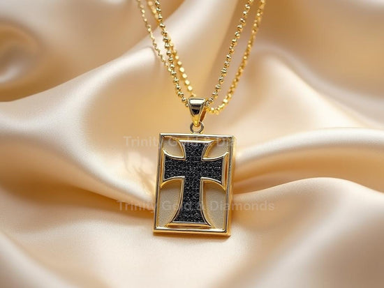Gold Rectangular Black Cross Pendant • Cutout Christian Necklace • Gothic Religious Charm • Handmade Faith Jewelry for Men & Women
