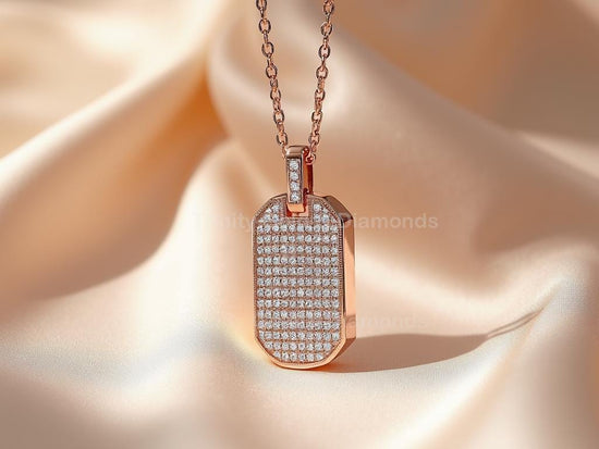 Full Diamond-Look Charm • Rose Gold Pave Dog Tag Pendant Necklace • Handmade Unisex Jewelry • Statement Hip-Hop Style Gift