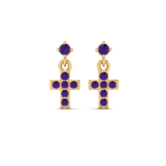 Purple Cross Dangle Earrings, Gemstone-Inspired Faith Earrings for Women, Religious Minimalist Studs, Gift Jewelry