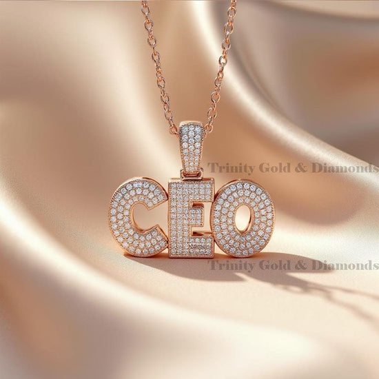 CEO Pendant Necklace for Women & Men, Rose Gold Hip Hop Jewelry, Bling Pavé Diamond Letter Charm, Boss Gift, Handmade CEO Chain
