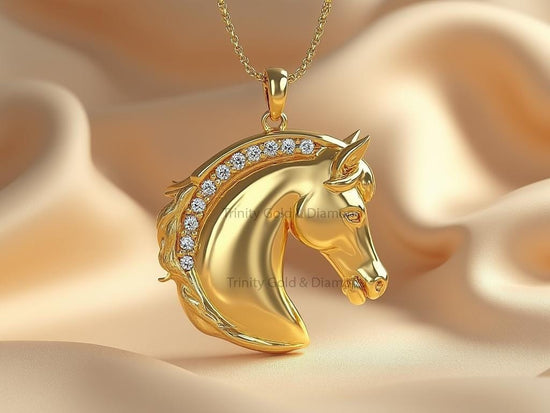 Horse Head Pendant Necklace in 14K Yellow Gold Plated, Diamond Mane Equestrian Jewelry, Handmade Animal Lover Gift for Her & Him
