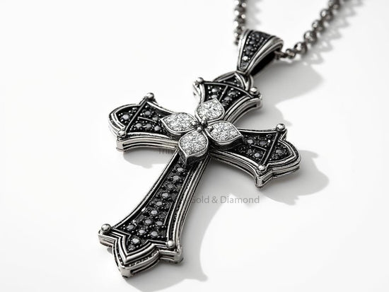 Gothic Cross Pendant Necklace for Men Women, Black & White Diamond Vintage Style Jewelry, Sterling Silver Handmade Religious Gift