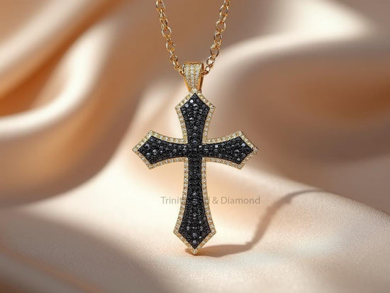Bold Black Cross Pendant • Gold Plated Christian Necklace • Handmade Gothic Statement Jewelry • Religious Gift for Men & Women