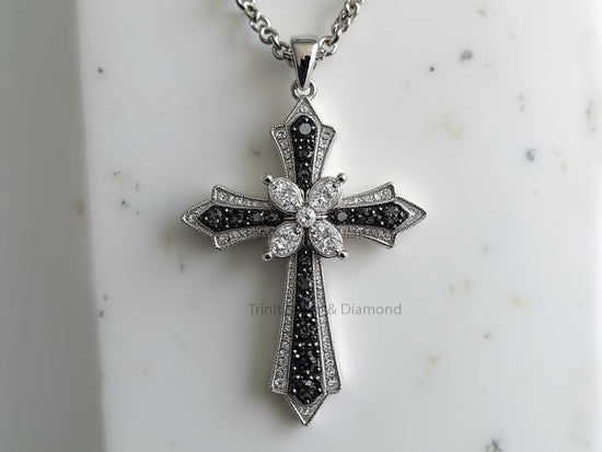 Black & White Cross Pendant • Silver Tone Christian Necklace • Gothic Religious Jewelry for Men And Women • Handmade Faith Gift