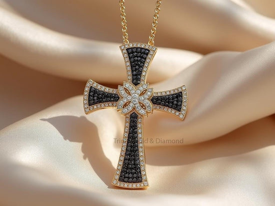 Gold Cross Pendant with Floral Center • Black Cubic Zirconia Gothic Necklace • Handmade Religious Jewelry for Men & Women