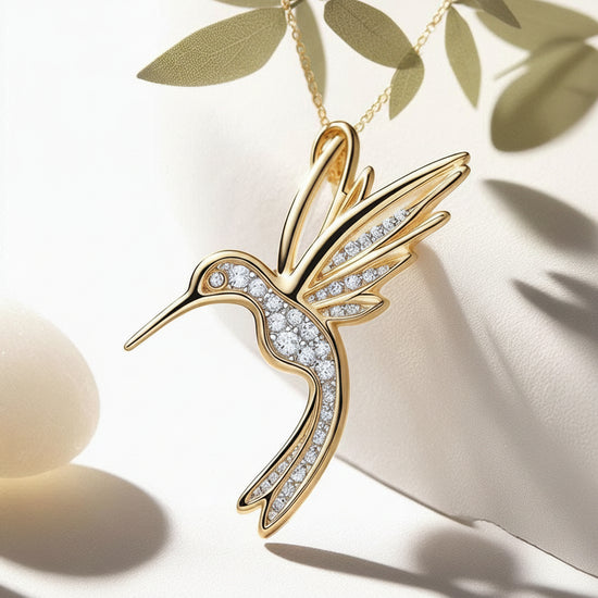 Hummingbird Pendant Necklace with Moissanite, 14k Gold Over 925 Sterling Silver, Bird Jewelry Gift for Her, Nature Inspired Necklace