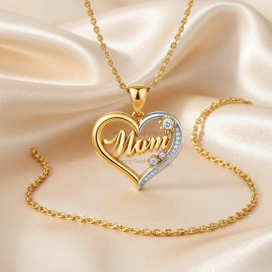 Mom Pendant Necklace with Moissanite Flowers, Two Tone Heart Necklace Gift for Mom, Mom Gift Jewelry