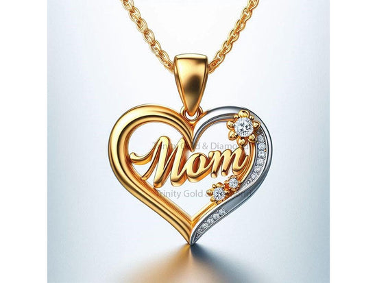 Mom Pendant Necklace with Moissanite Flowers, Two Tone Heart Necklace Gift for Mom, Mom Gift Jewelry