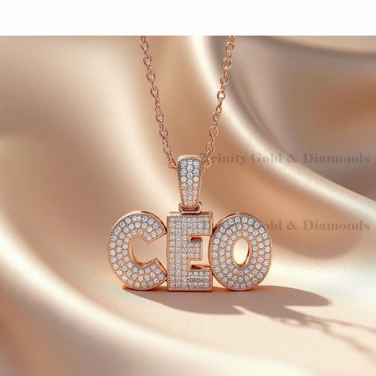 CEO Pendant Necklace with Chain for Men, Iced Out Moissanite Letter Charm in Gold Finish, Hip Hop Bling Jewelry, Statement Gift for Him