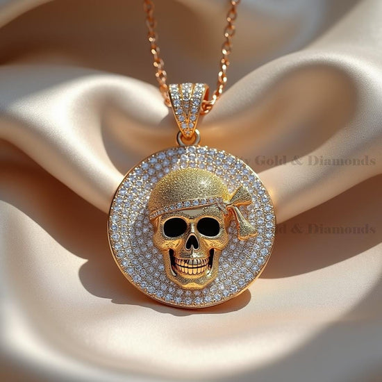 Gold Skull Pendant Necklace, Iced Out Pirate Medallion for Men, Hip Hop Statement Chain, 14K Gold Plated Jewelry, Bling Gift