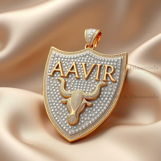 Custom AAVIR Bull Pendant Necklace, Shield Iced Out Medallion for Men, 14K Gold Plated Hip Hop Jewelry, Statement Chain Gift