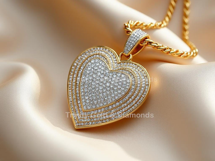 Gold Diamond-Studded Double Heart Pendant Necklace on a Silk Background