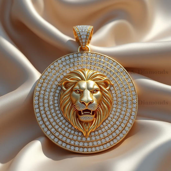 Lion Head Moissanite Pendant for Men, 14K Gold Finish Iced Out Necklace, Round Statement Hip Hop Jewelry, Handmade King Gift