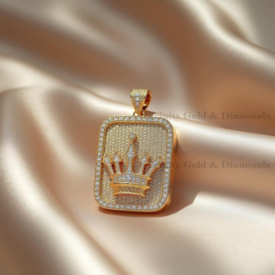 Diamond Crown Pendant for Men in Silver, Hip Hop Royal King Charm, 14K Gold Plated Moissanite Necklace, Statement Rectangle Jewelry
