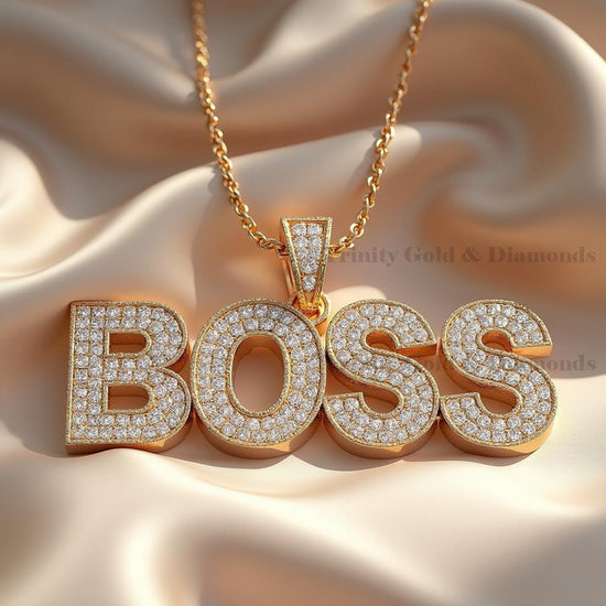 BOSS Pendant for Men, Gold Plated Moissanite Diamond Silver Necklace, Hip Hop Jewelry for Him, Bold Streetwear Gift, Handmade Charm