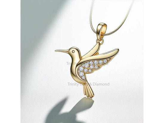 Hummingbird Pendant Necklace with Lab Grown Diamonds, 925 Sterling Silver Gold Plated Bird Charm Gift for Her