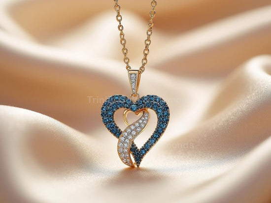 Double Heart Pendant with Lab Grown Diamonds in 925 Sterling Silver – Blue and White Accent Necklace, Two Heart Outline Necklace Gift