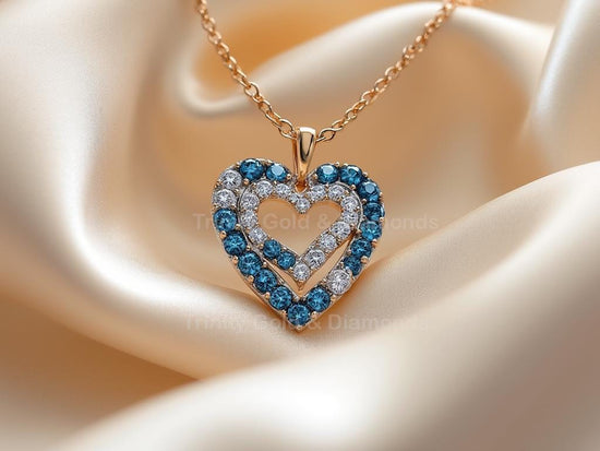 Double Layer Heart Pendant Necklace with Lab Grown Diamonds in 925 Sterling Silver – Blue & White Sparkle Charm