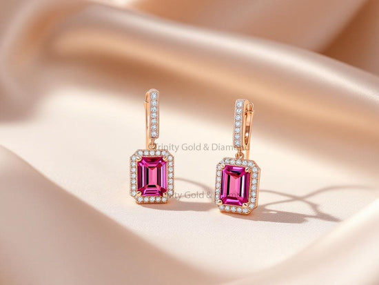 Emerald Cut Pink Gemstone Drop Earrings, Rose Gold Halo Dangle Earrings, Handmade Gift for Her, Vintage Style Statement Earrings