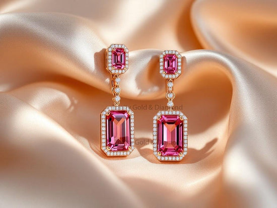 Double Emerald Cut Pink Drop Earrings, Rose Gold Long Dangle Earrings with Halo, Statement Bridal Jewelry Gift, Handmade for Her