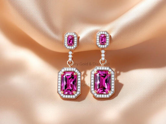 Double Emerald Cut Pink Drop Earrings for Women, Rose Gold Dangle Halo Earrings, Bridal Statement Jewelry, Handmade Elegant Gift